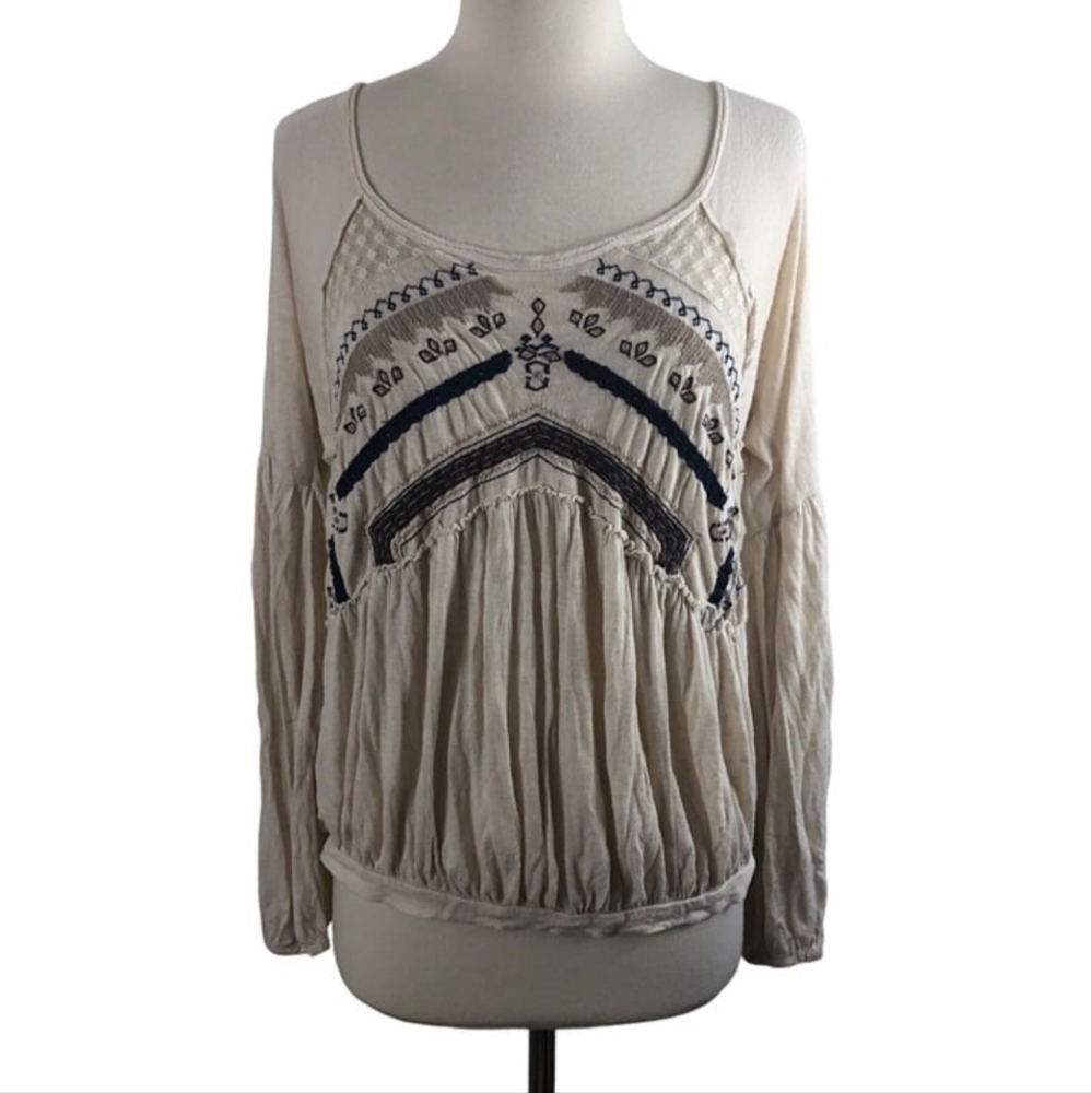 Free People Womens Long Sleeve Boho Beige Blouse Size Small